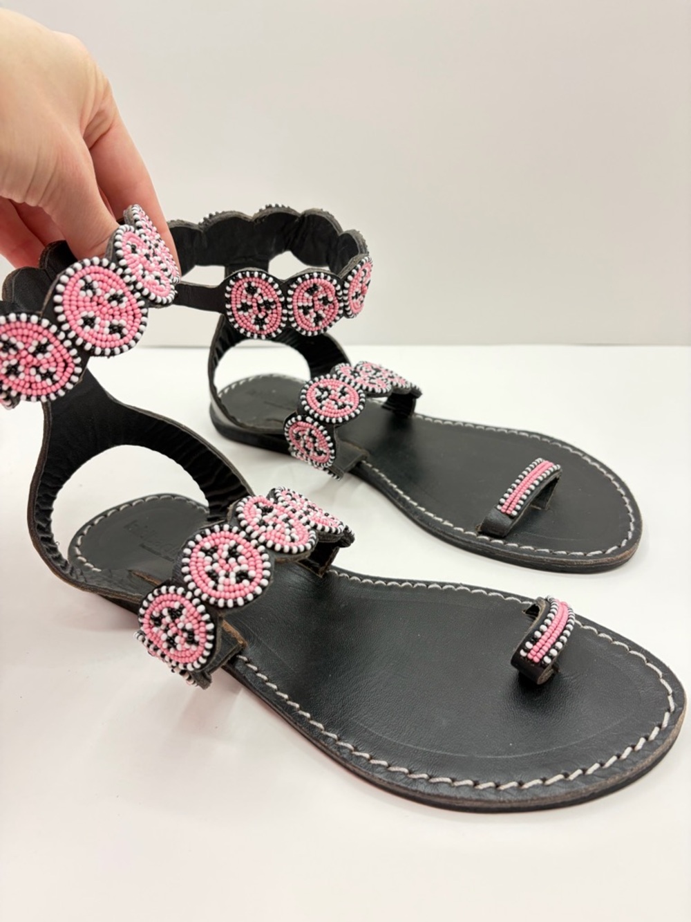 Laidback London Women’s Size 39 Kiki Beaded Pink Flat Sandals Summer
